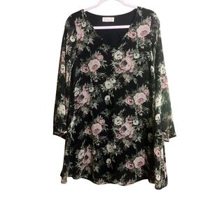 Blush Floral V-Neck Bell Sleeve Shift Mini Dress Black Pink Rose DH9508 Small